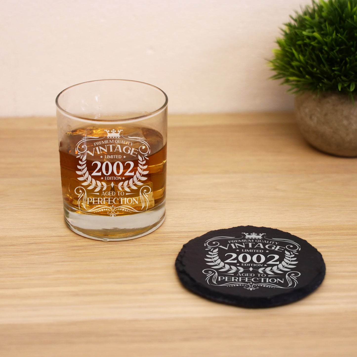 Vintage 2002 21st Birthday Engraved Whiskey Glass Gift  - Always Looking Good - Glass & Round Coaster  