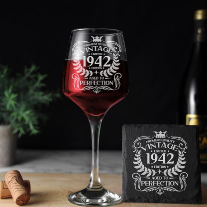 Vintage Any Year All Ages Engraved Birthday Wine Glass and/or Coaster Set - Always Looking Good -   