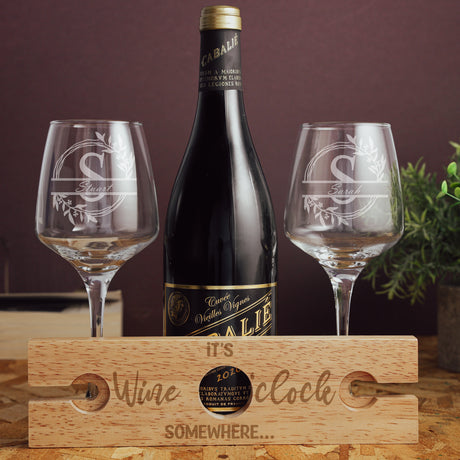 "Wine O'Clock" Engraved Wooden Wine Glass Butler Caddy – For 2/4 Glasses
 - Always Looking Good -   