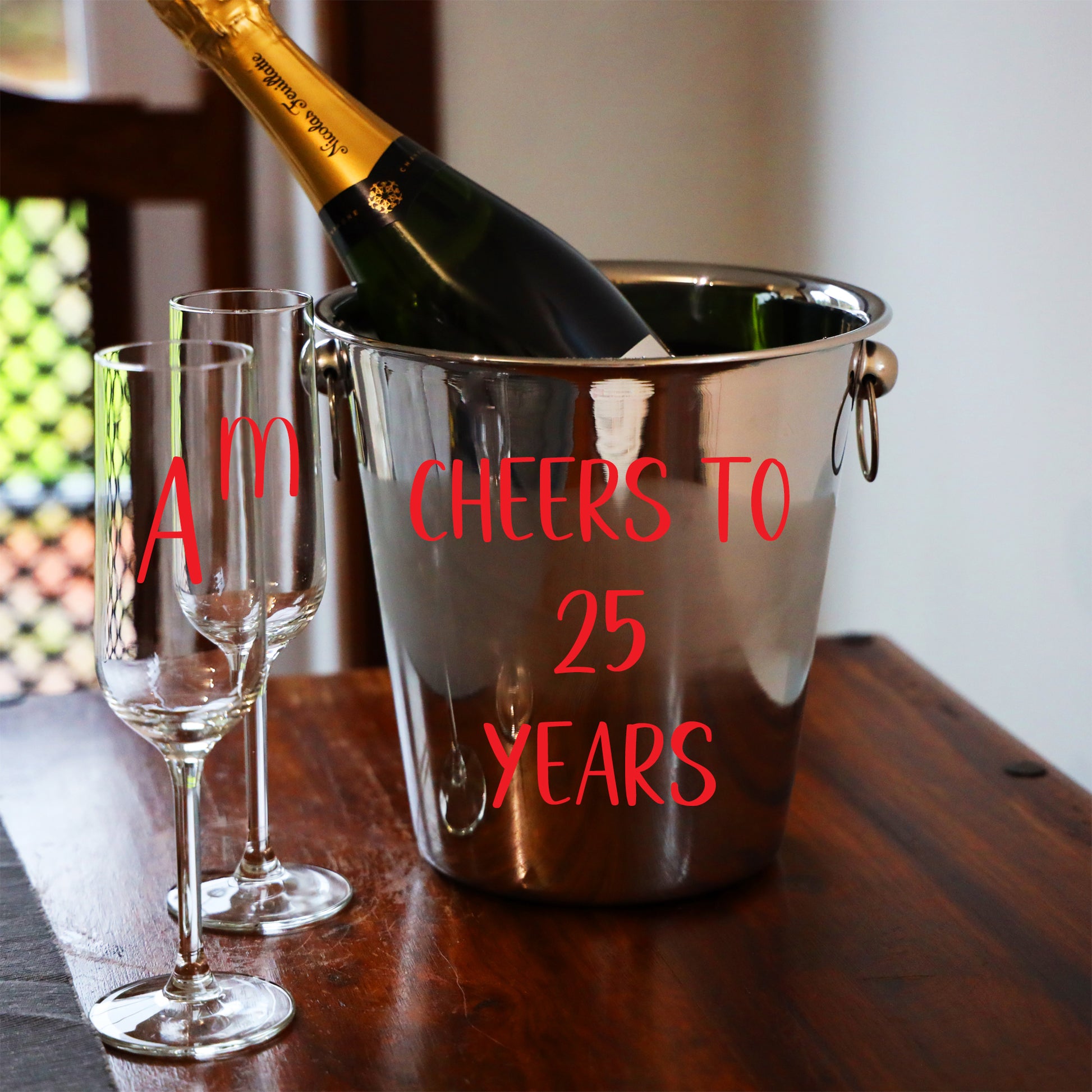 Personalised Silver Wedding Anniversary Ice Bucket With Matching Champagne Glasses  - Always Looking Good -   