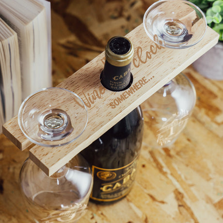 "Wine O'Clock" Engraved Wooden Wine Glass Butler Caddy – For 2/4 Glasses
 - Always Looking Good -   