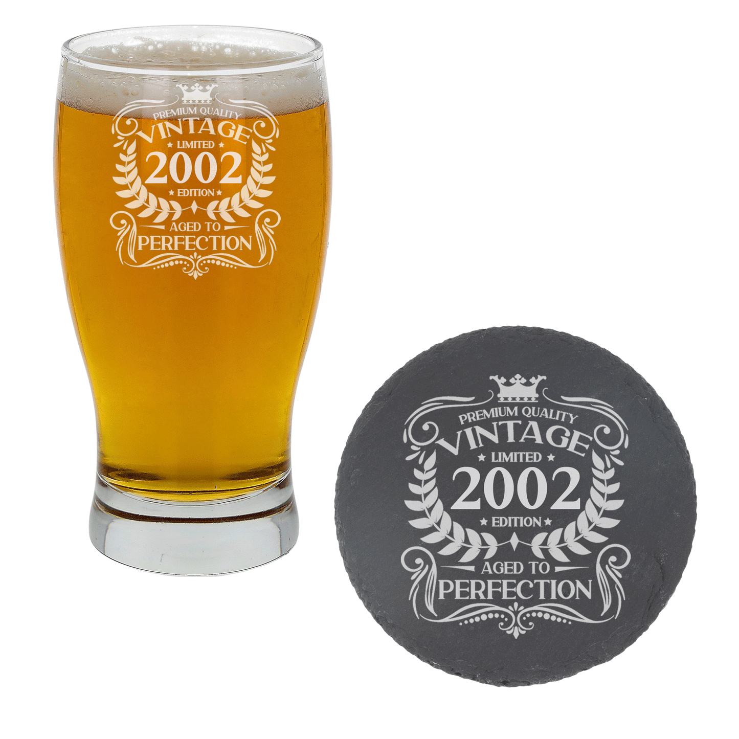 Vintage 2002 21st Birthday Engraved Beer Pint Glass Gift  - Always Looking Good - Glass & Round Coaster  