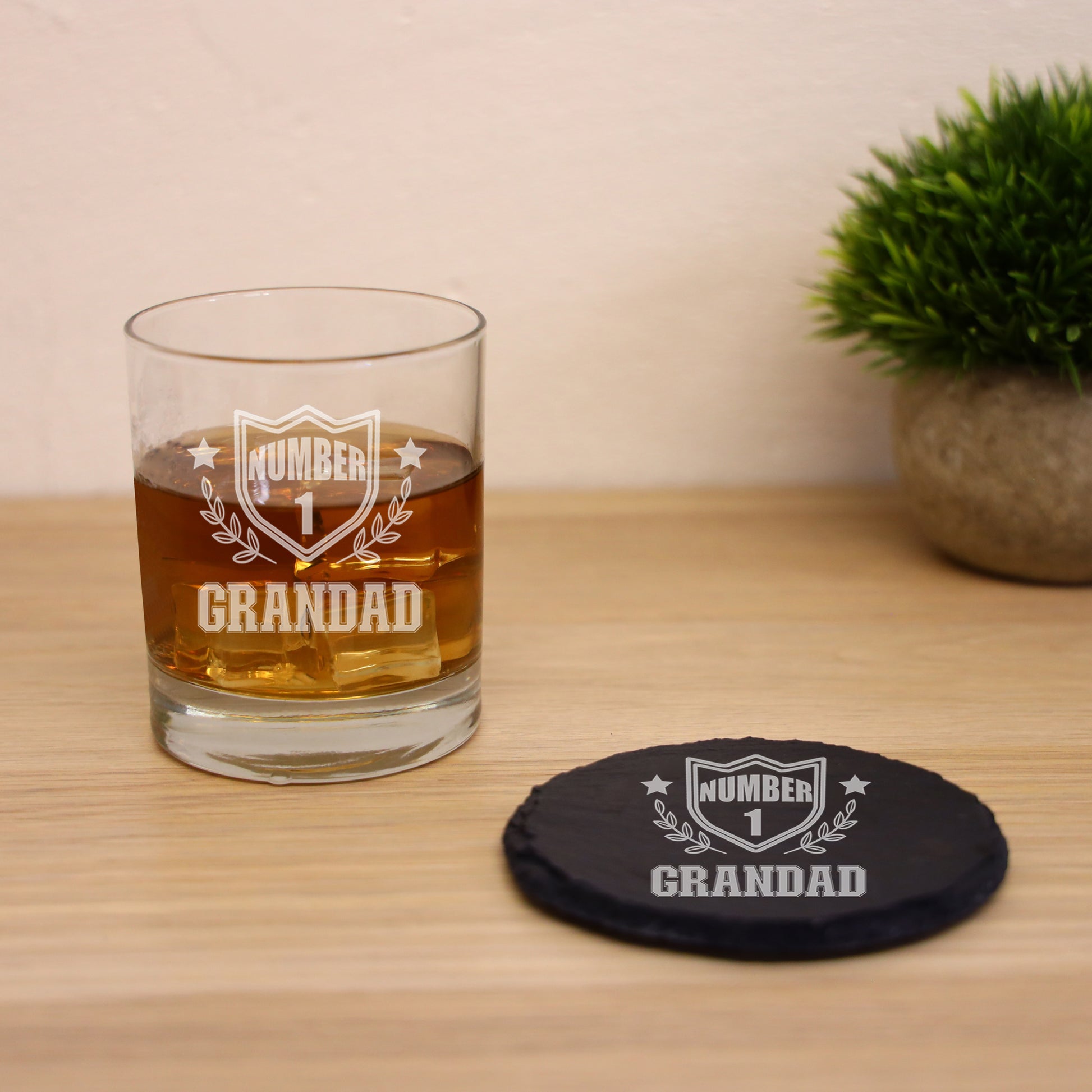 Engraved "Number 1 Grandad" Whisky Glass and/or Coaster Set  - Always Looking Good -   