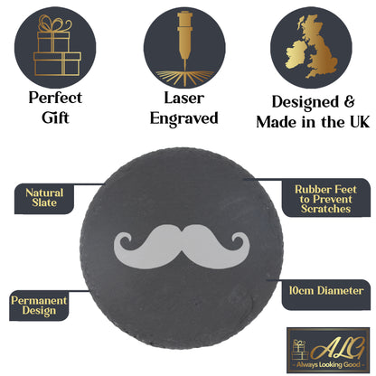 Funny Gift for Men Moustache Engraved Whisky Glass and/or Coaster Set  - Always Looking Good -   