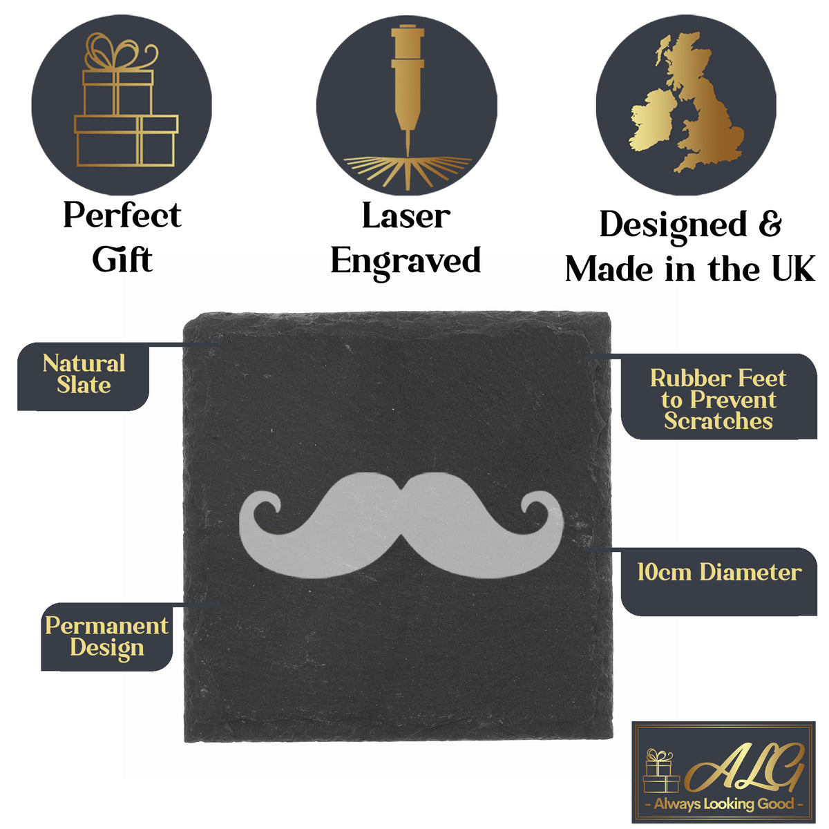 Funny Gift for Men Moustache Engraved Whisky Glass and/or Coaster Set  - Always Looking Good -   