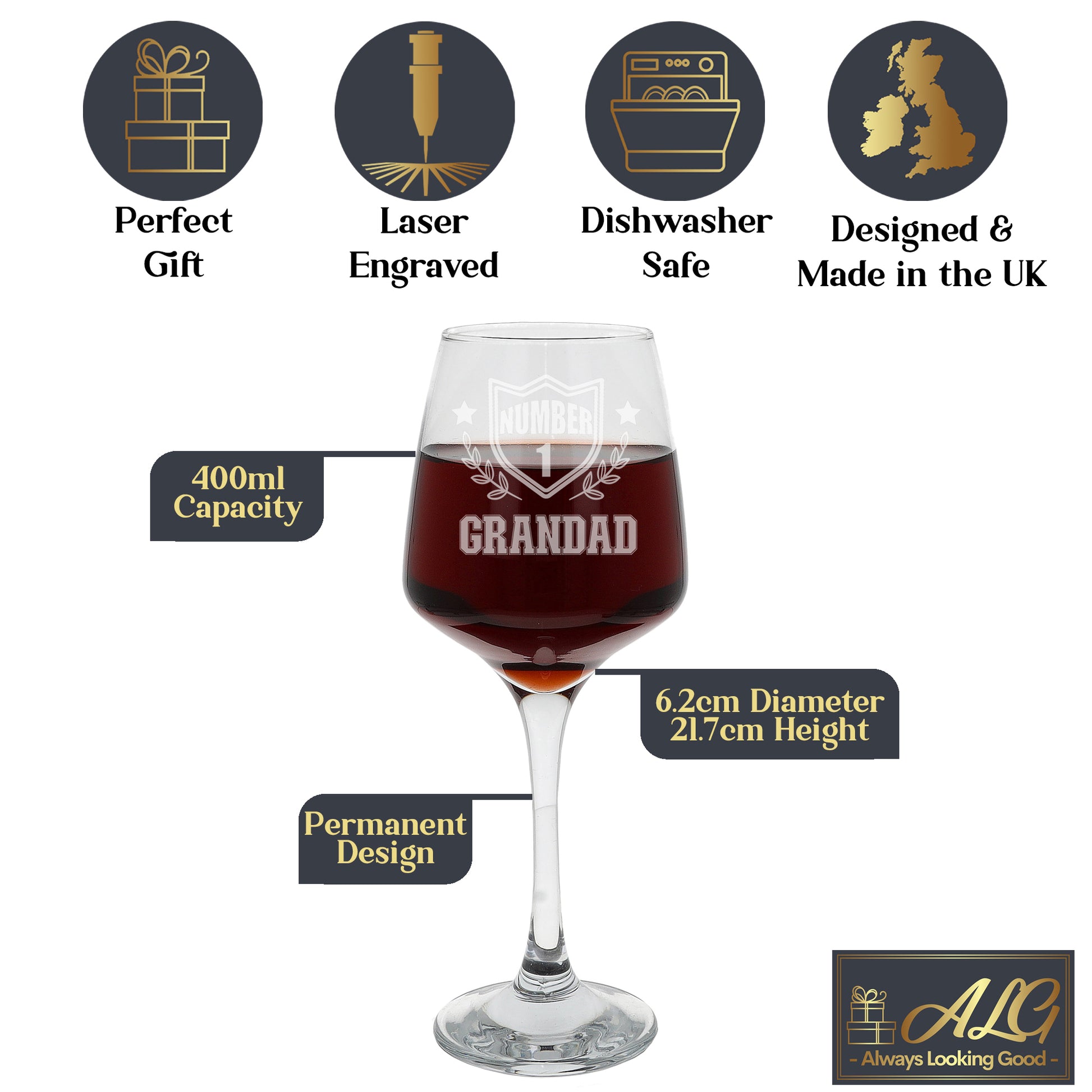 Engraved "Number 1 Grandad" Wine Glass and/or Coaster Set  - Always Looking Good -   