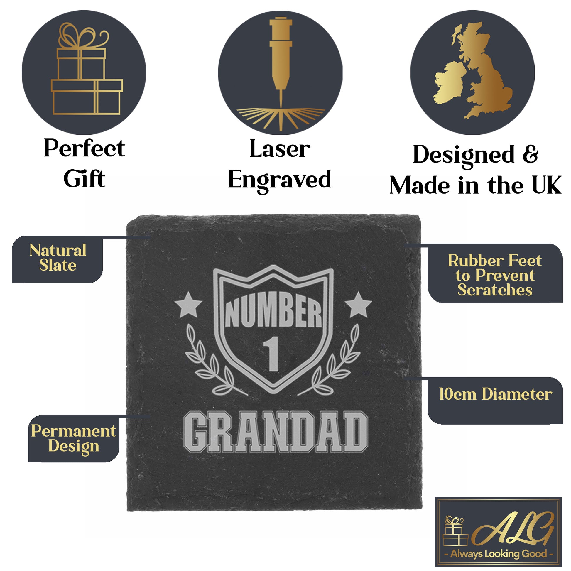 Engraved "Number 1 Grandad" Wine Glass and/or Coaster Set  - Always Looking Good -   