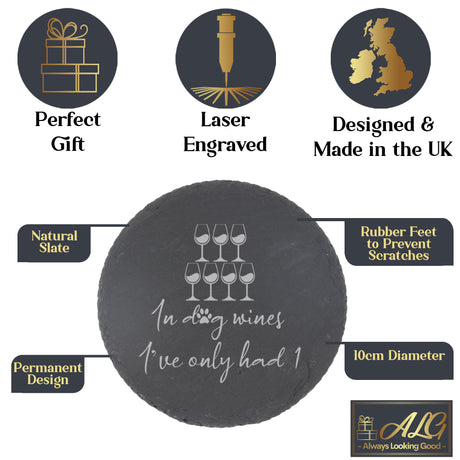 Engraved "In Dog Wines I've Only Had 1" Design Wine Glass and/or Coaster Gift  - Always Looking Good -   