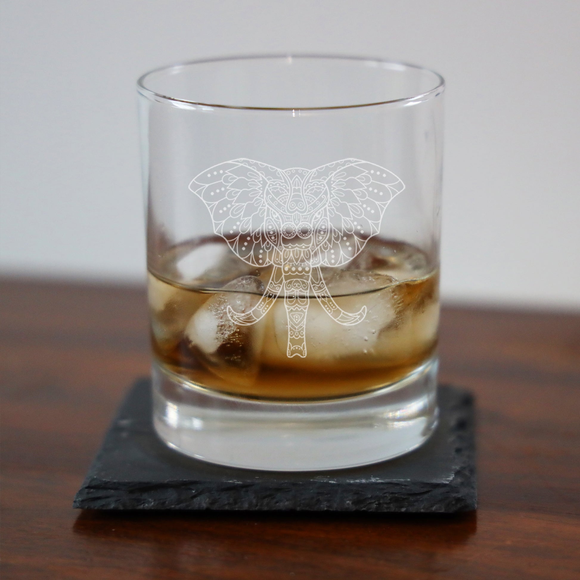 Engraved Elephant Mandala Whisky Glass and/or Coaster Set  - Always Looking Good -   