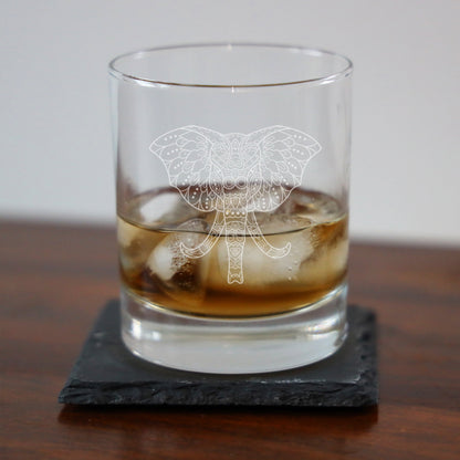 Engraved Elephant Mandala Whisky Glass and/or Coaster Set  - Always Looking Good -   Whisky Glass Gift