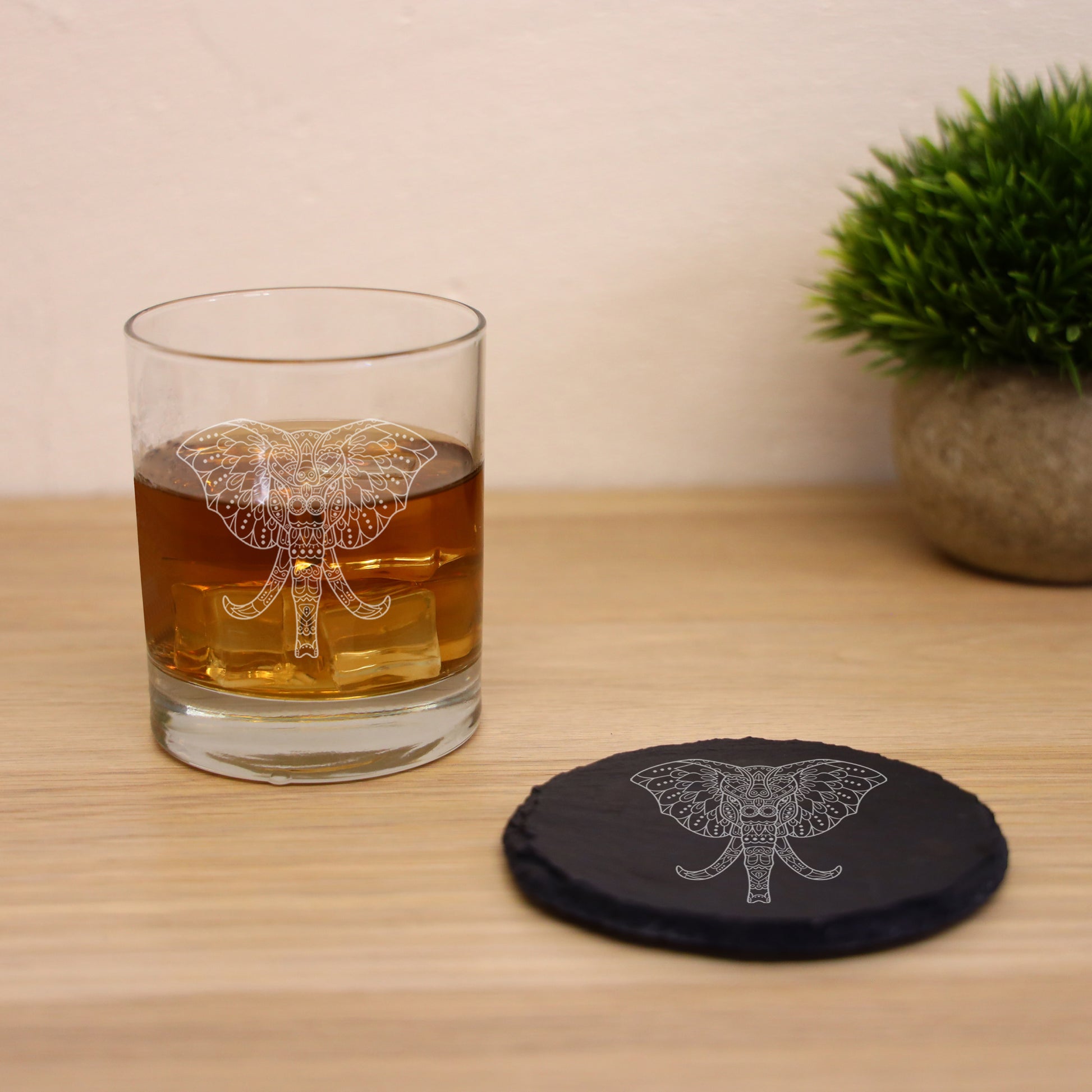 Engraved Elephant Mandala Whisky Glass and/or Coaster Set  - Always Looking Good -   