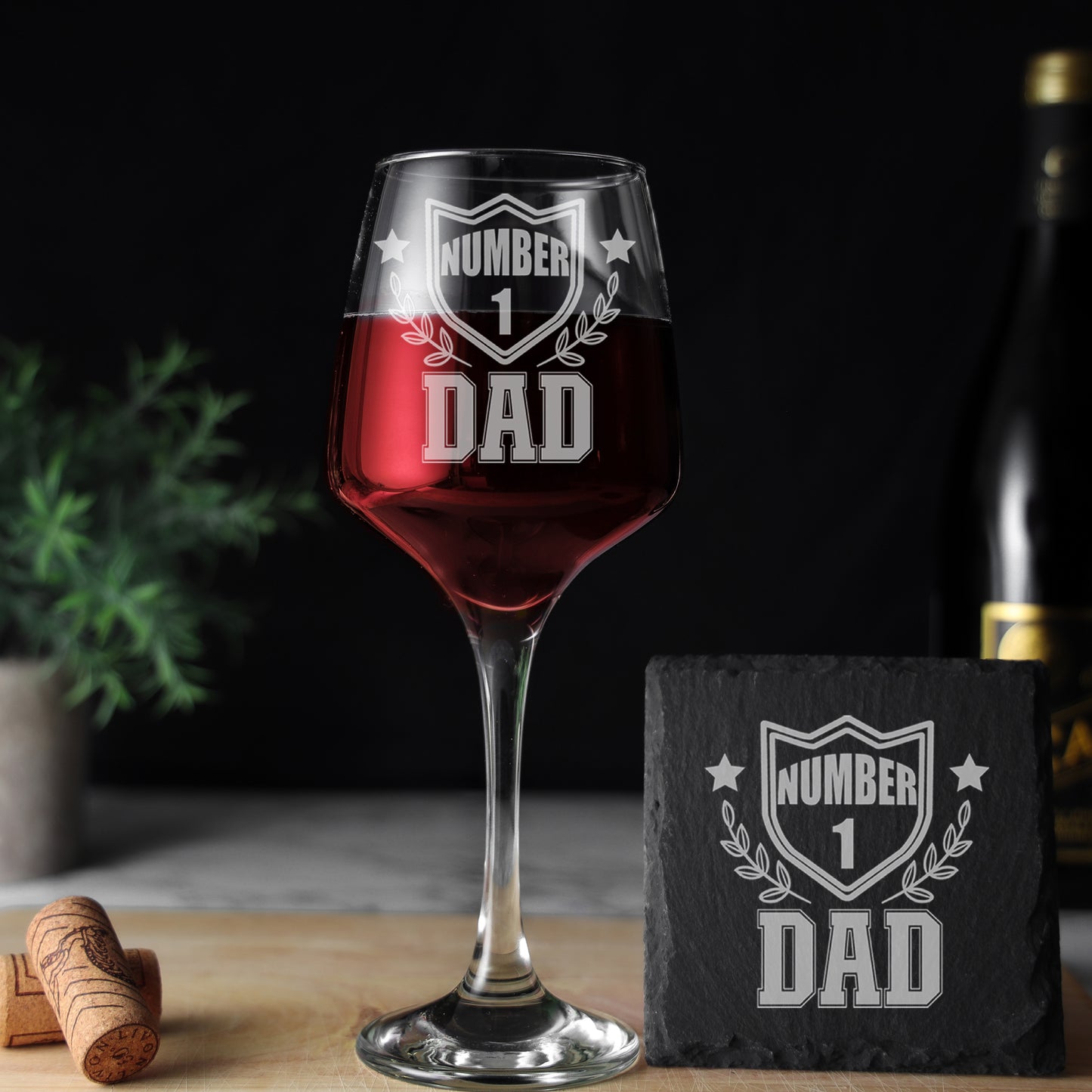 Engraved "Number 1 Dad" Wine Glass and/or Coaster Set  - Always Looking Good -   