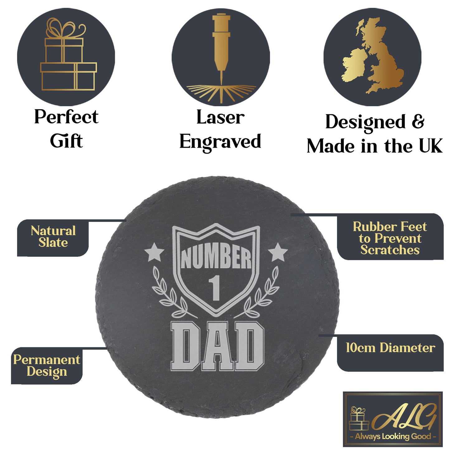 Engraved "Number 1 Dad" Whisky Glass and/or Coaster Set  - Always Looking Good -   