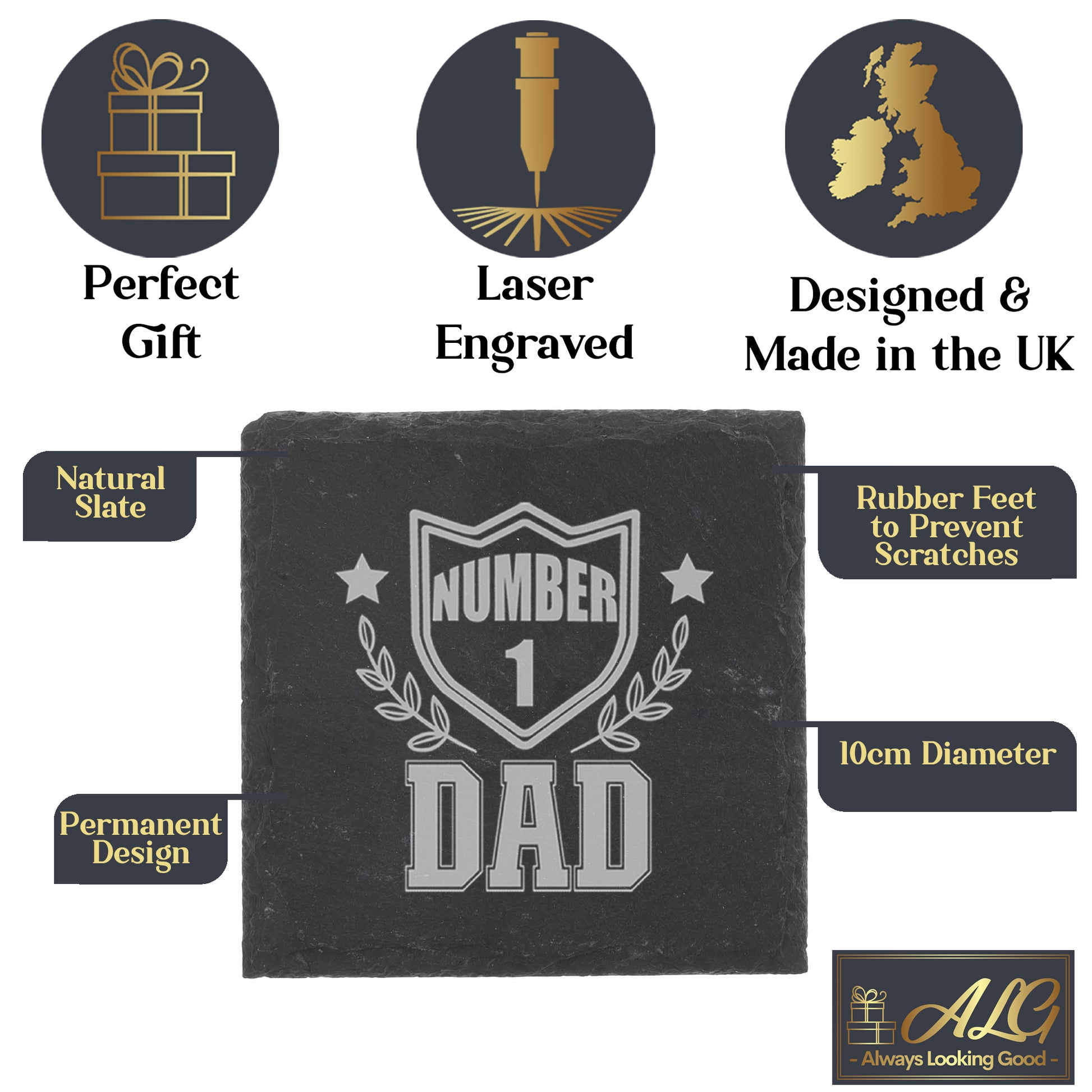 Engraved "Number 1 Dad" Whisky Glass and/or Coaster Set  - Always Looking Good -   