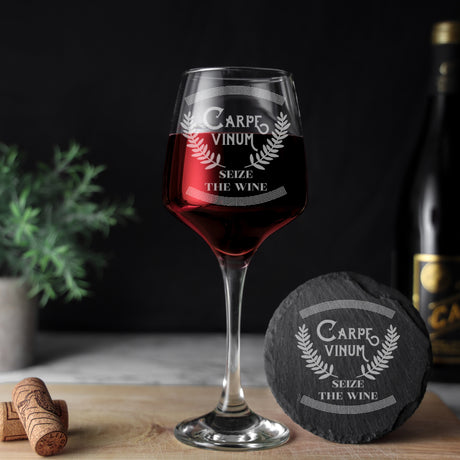 Funny  "Carpe Vinum Seize The Wine" Novelty Engraved Wine Glass and/or Coaster Set  - Always Looking Good -   