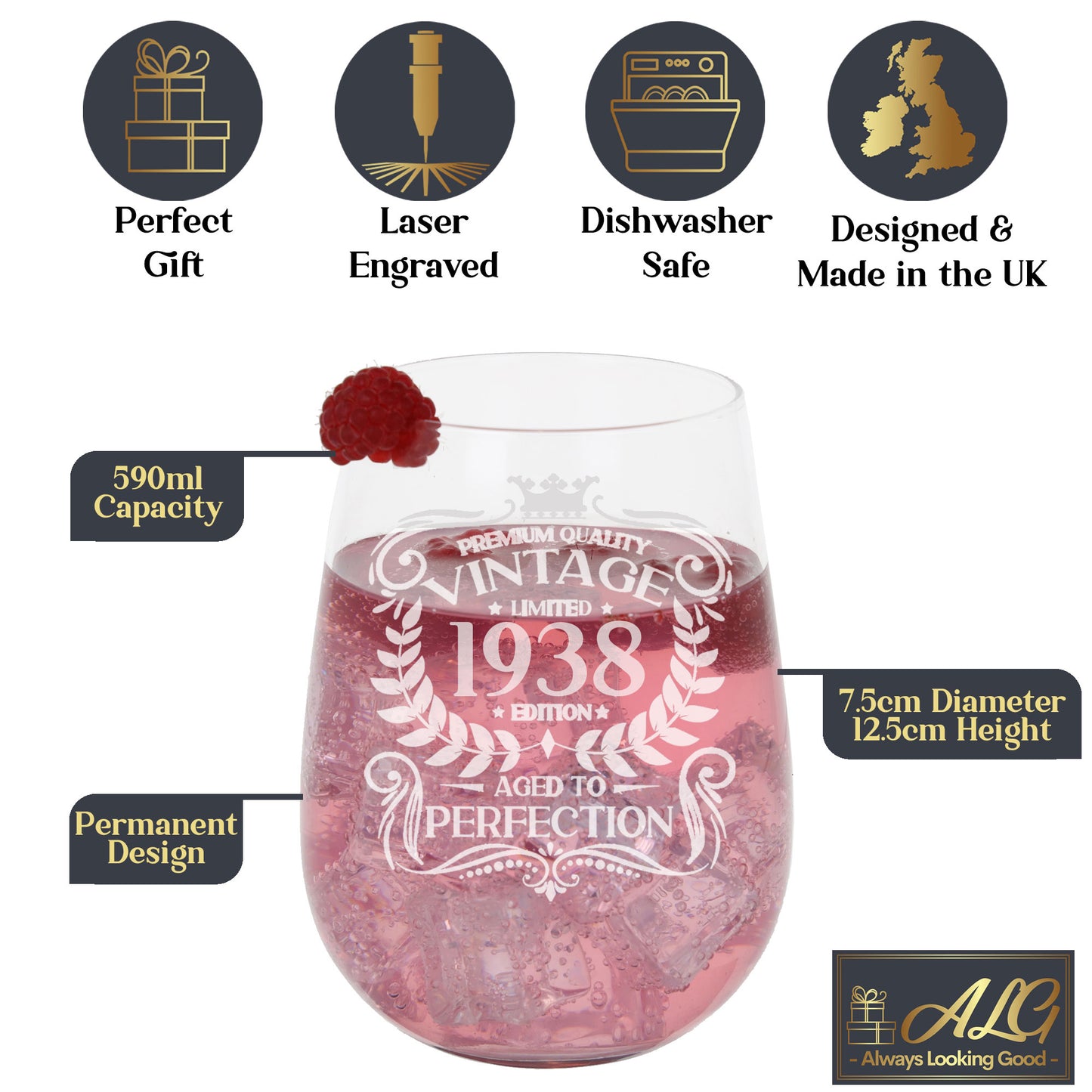 Vintage 1938 85th Birthday Engraved Stemless Gin Glass Gift  - Always Looking Good -   