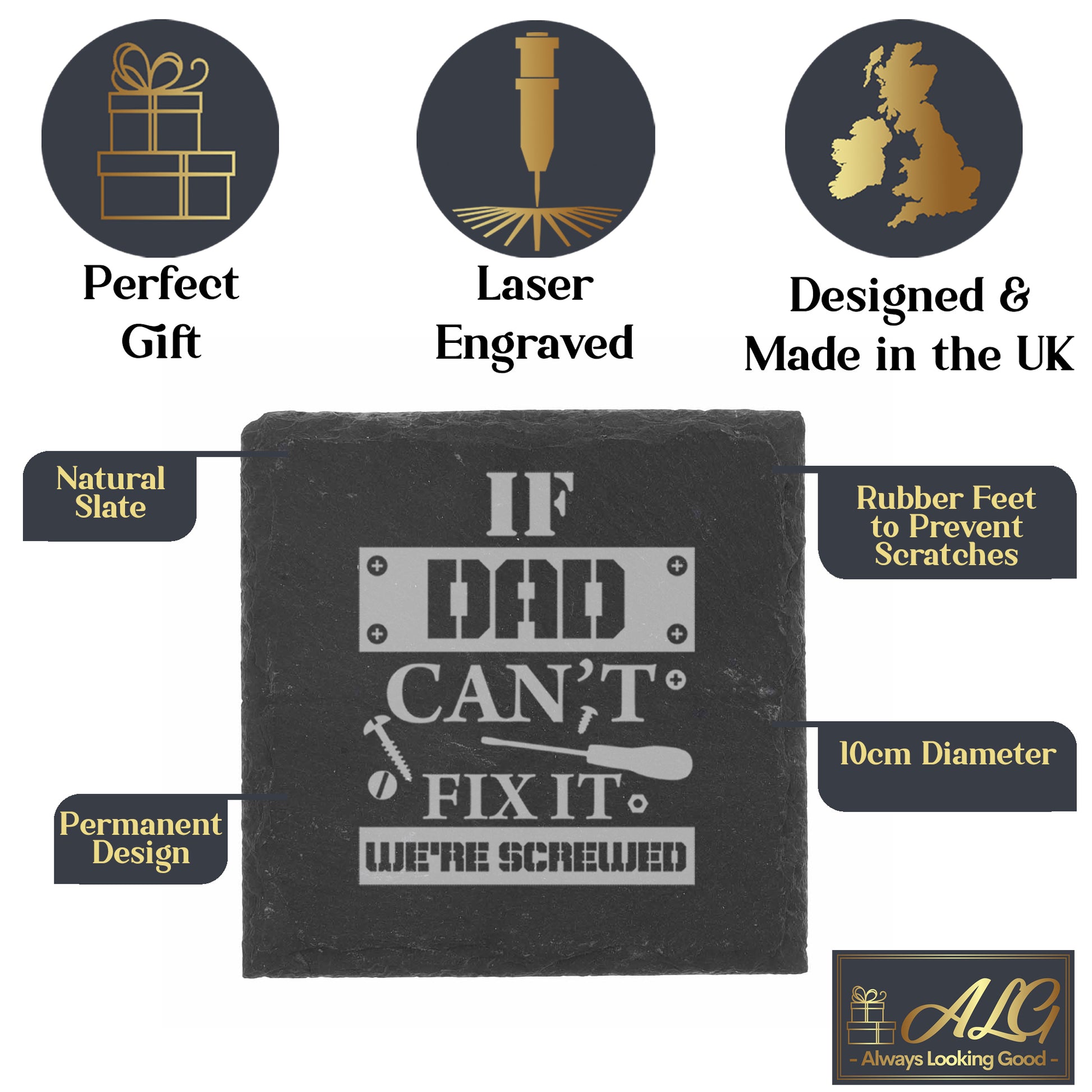 Engraved "If Dad Can't Fix It We're Screwed " Novelty Whisky Glass and/or Coaster Set  - Always Looking Good -   