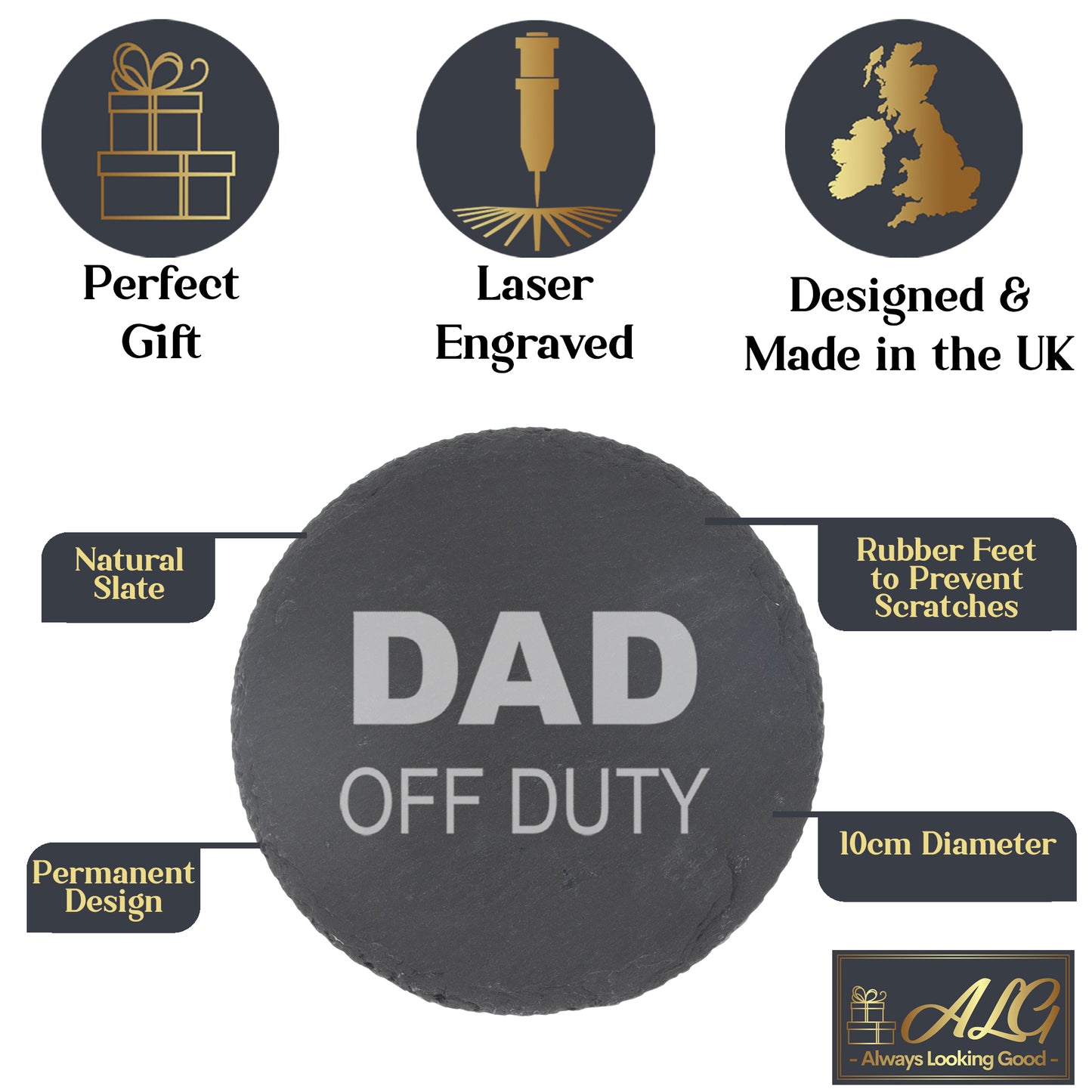 Engraved "Dad Off Duty" Novelty Whisky Glass and/or Coaster Set  - Always Looking Good -   