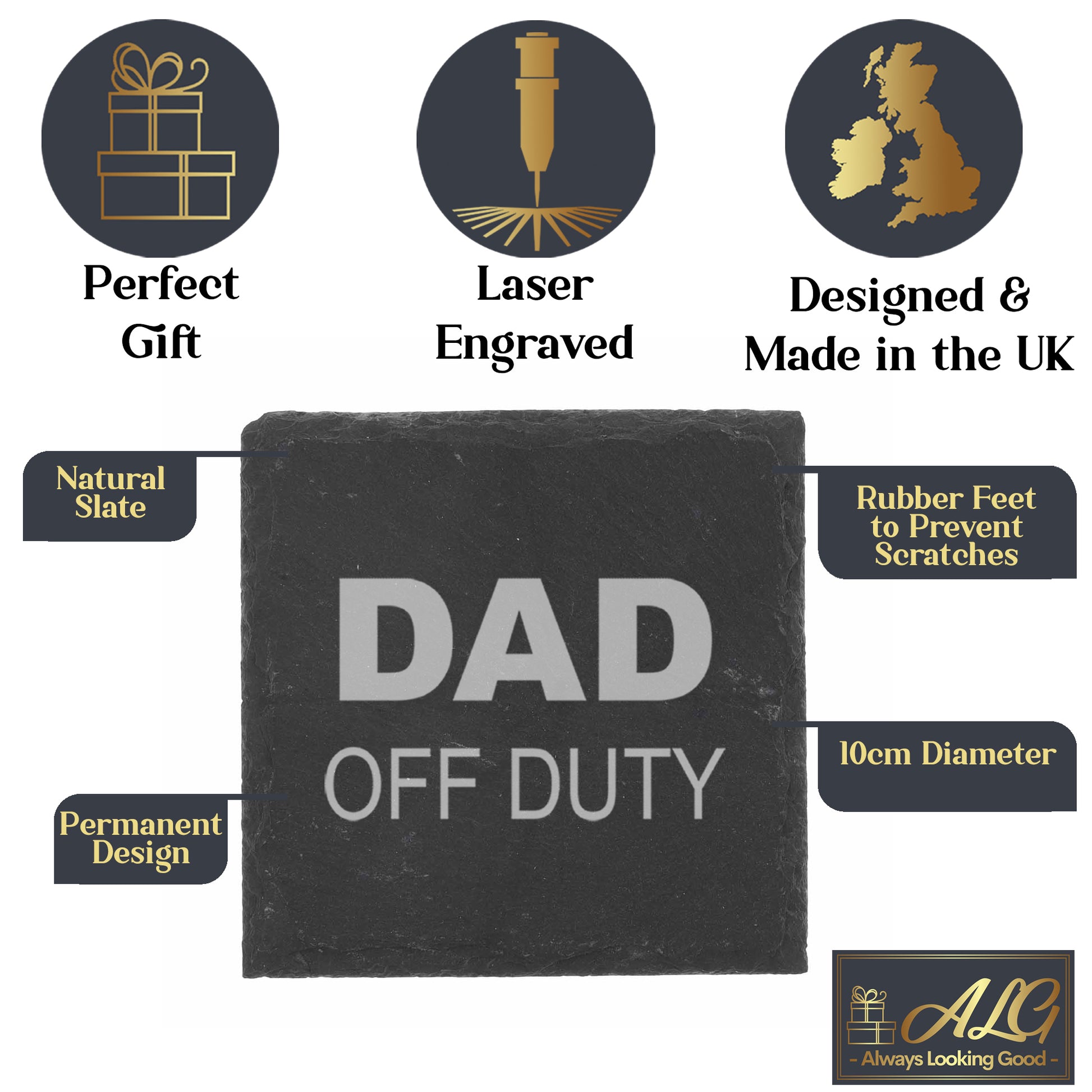 Engraved "Dad Off Duty" Novelty Whisky Glass and/or Coaster Set  - Always Looking Good -   