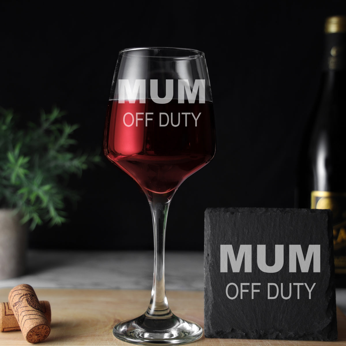 Engraved "Mum and Dad Off Duty" Novelty Matching Wine Glass and/or Coaster Set  - Always Looking Good -   