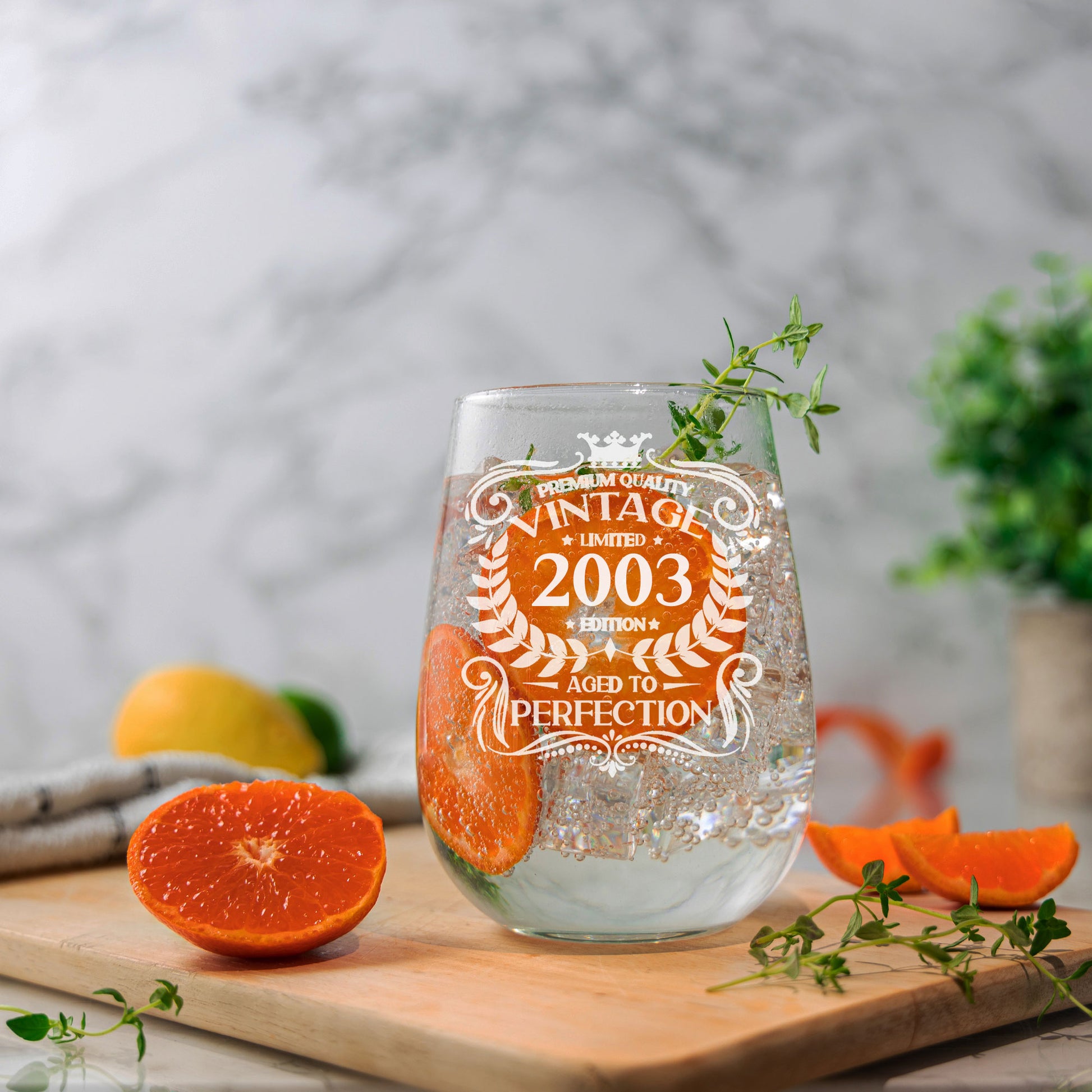 Vintage 2003 20th Birthday Engraved Stemless Gin Glass Gift  - Always Looking Good -   