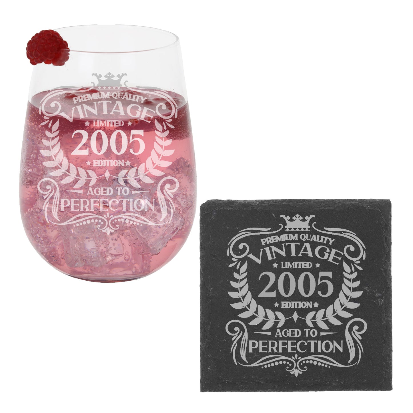 Vintage 2005 18th Birthday Engraved Stemless Gin Glass Gift  - Always Looking Good - Glass & Square Coaster  