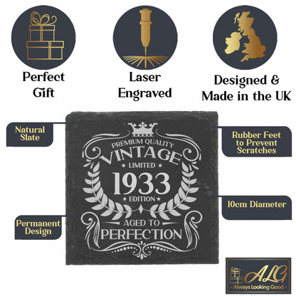 Vintage Any Year All Ages Engraved Birthday Stemless Gin Glass and/or Coaster Set  - Always Looking Good -   