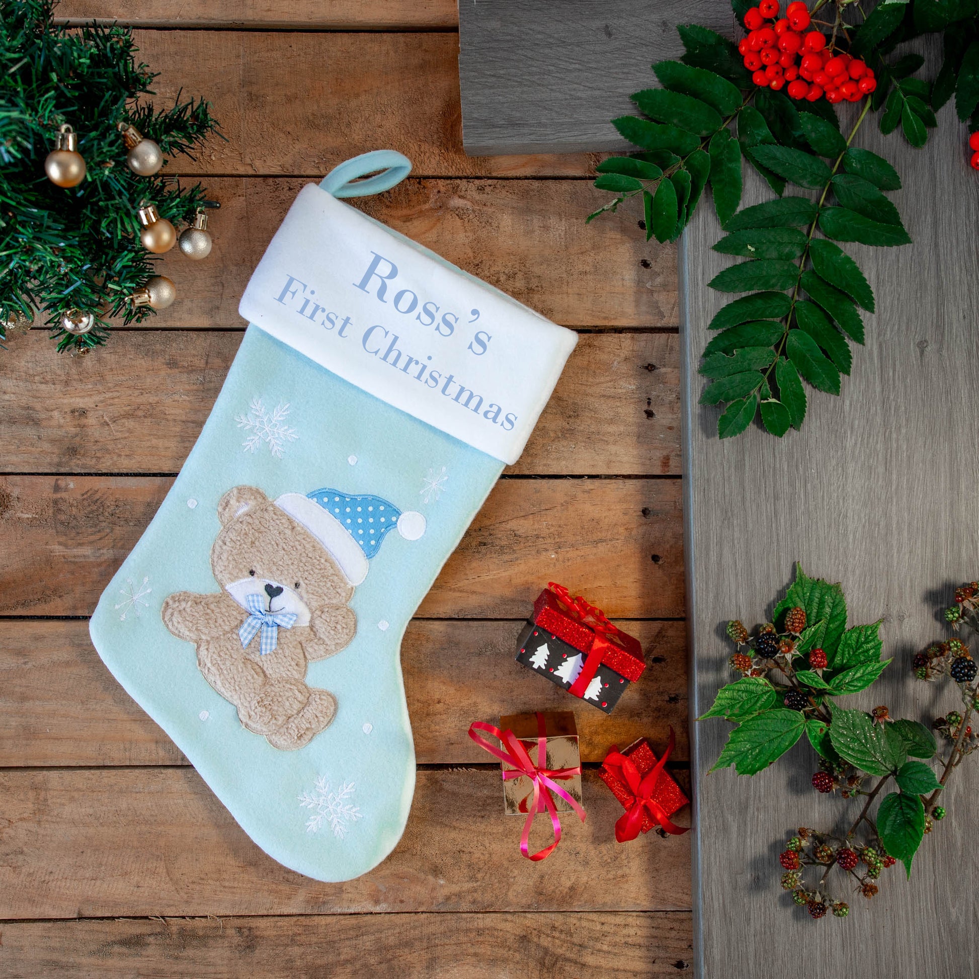 Personalised Baby's 1st Christmas Bear Stocking Sentimental Keepsake  - Always Looking Good - Baby Blue Bear with Bow 