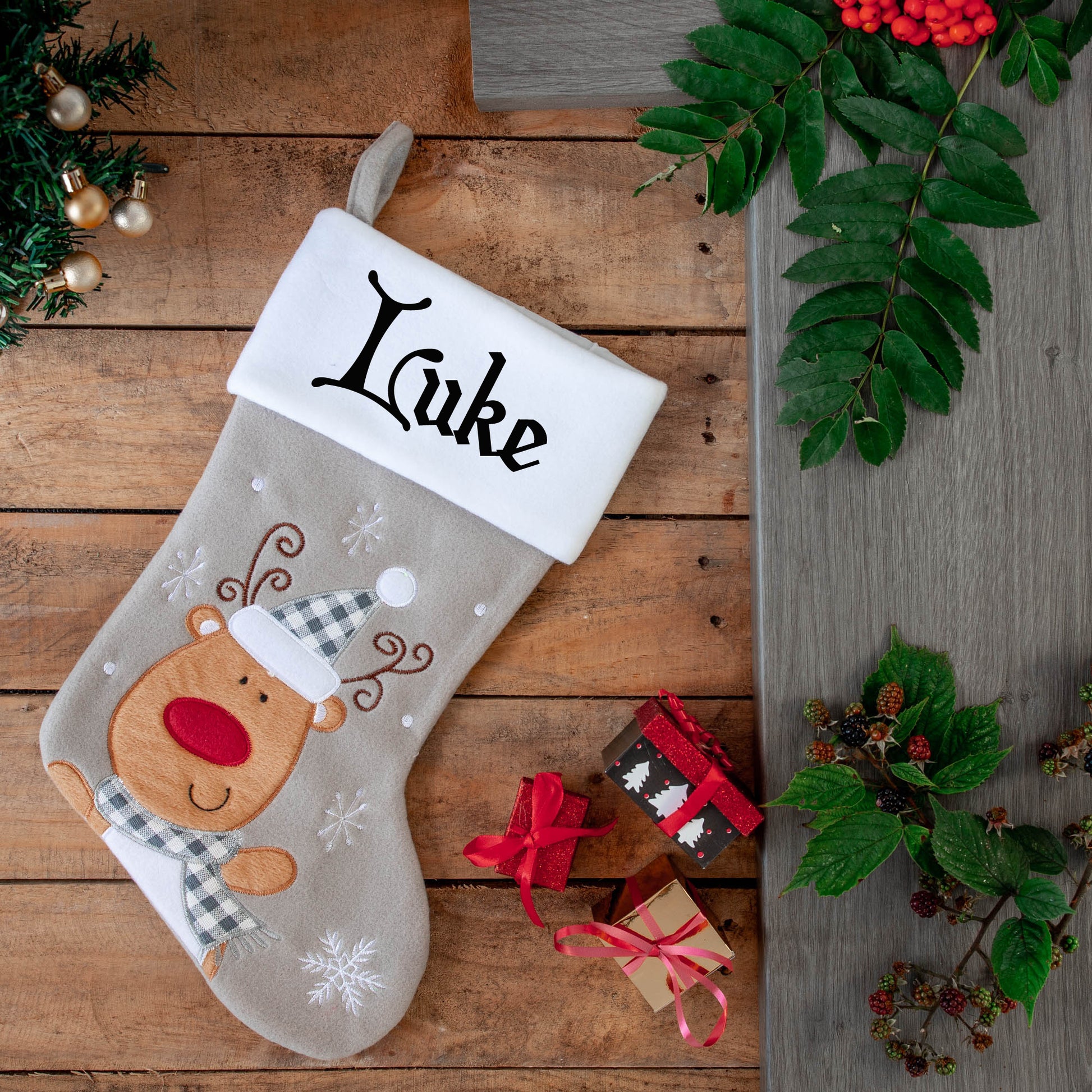 Personalised Embroidered Grey Christmas Santa Stocking with Name  - Always Looking Good -   