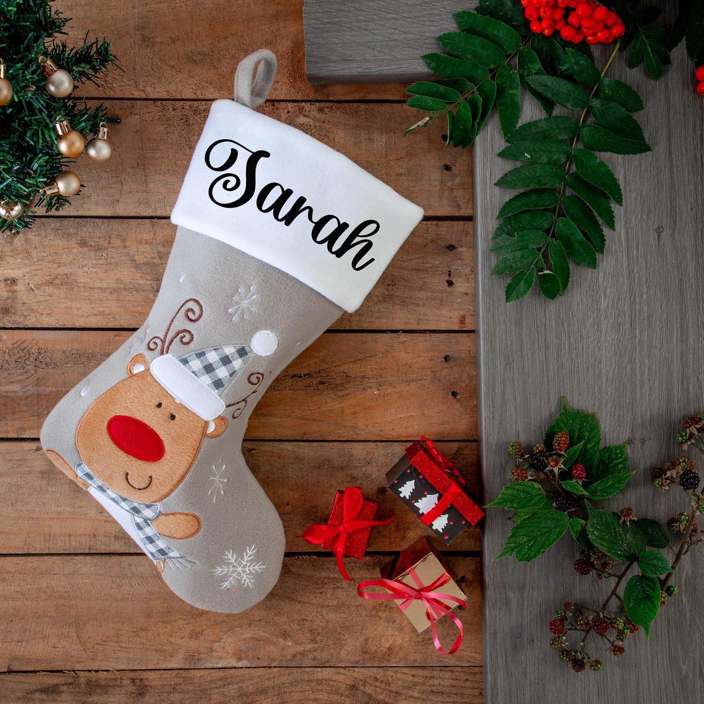 Personalised Embroidered Grey Christmas Santa Stocking with Name  - Always Looking Good -   