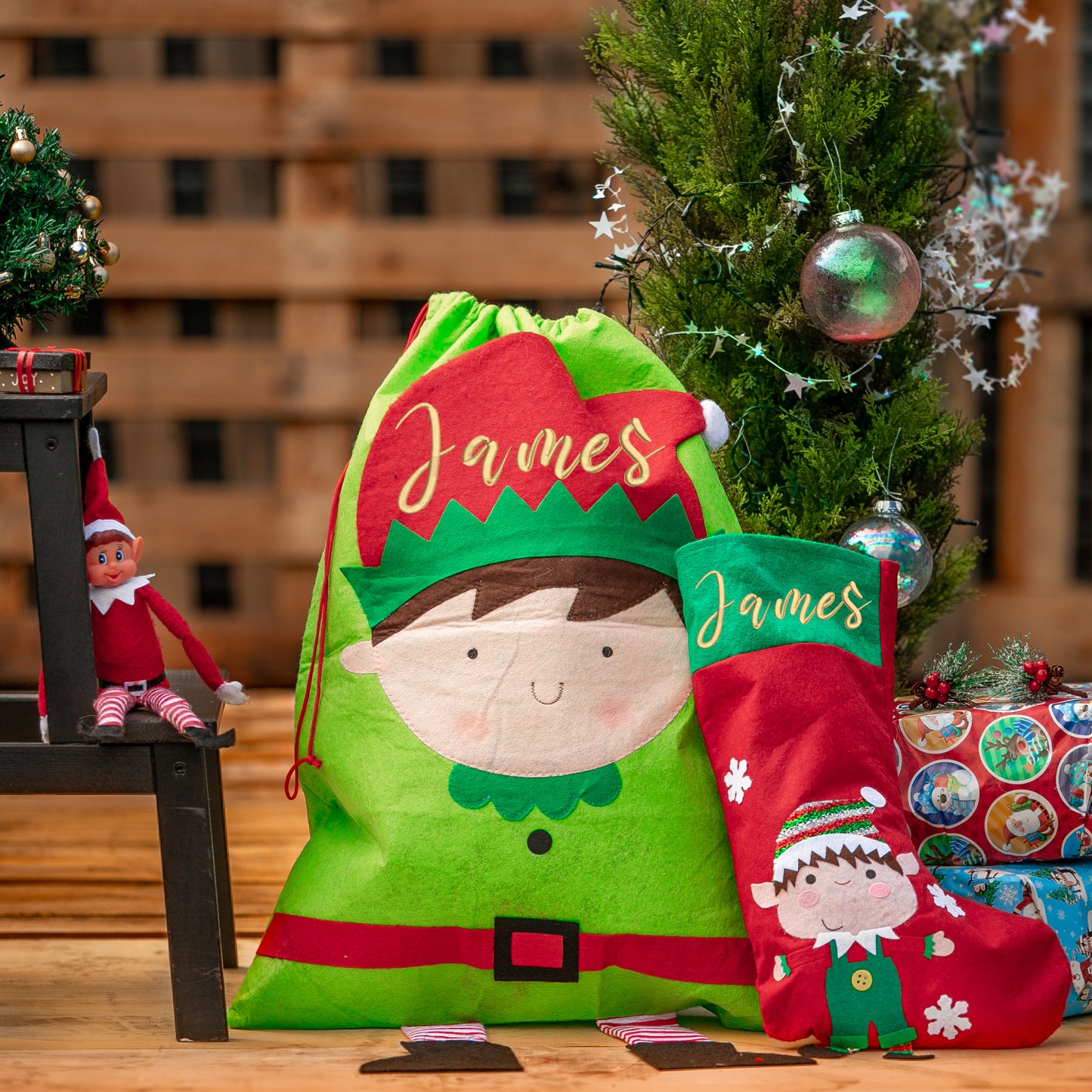 Personalised Embroidered Elf Christmas Stocking and Present Sack Set  - Always Looking Good -   