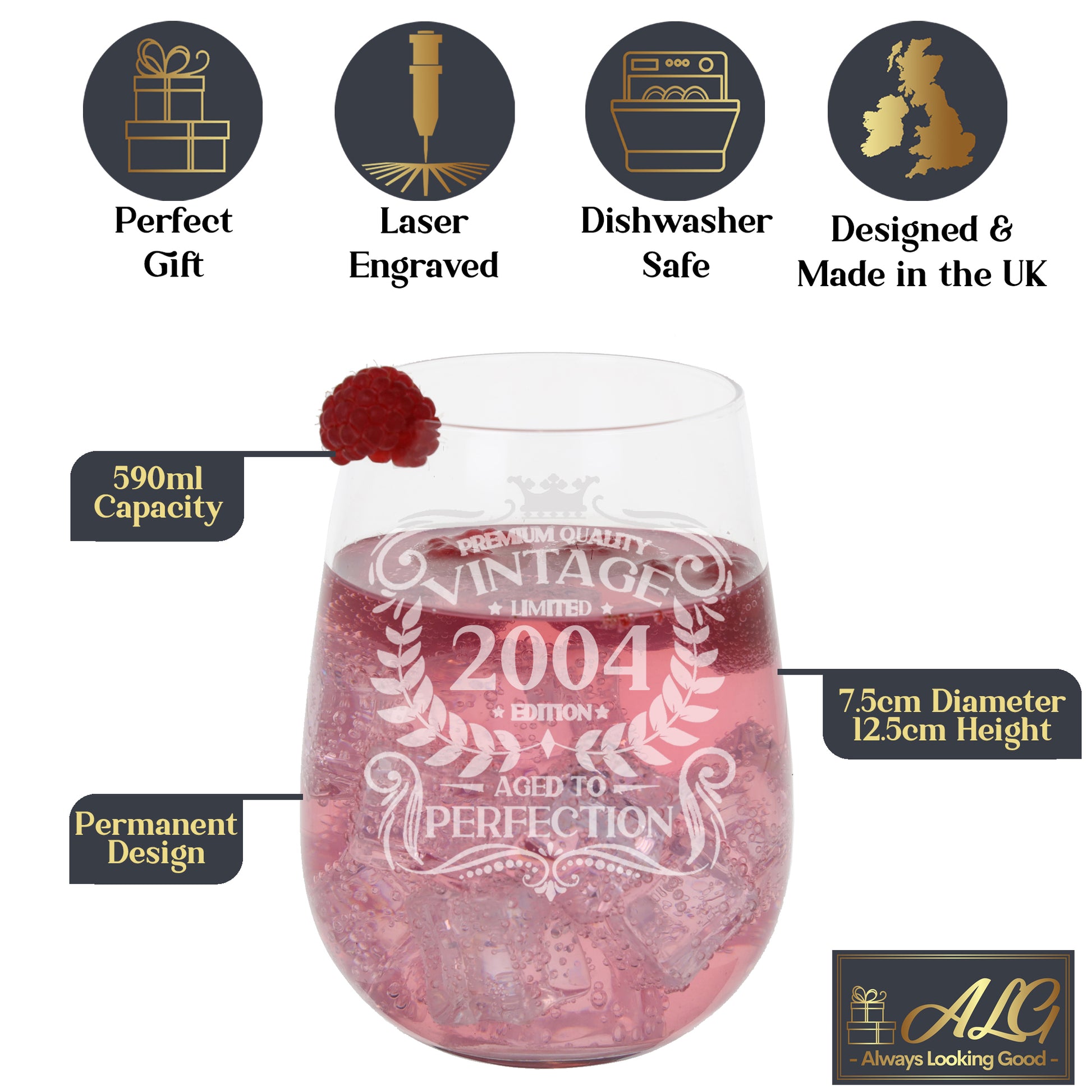 Vintage Any Year All Ages Engraved Birthday Stemless Gin Glass and/or Coaster Set  - Always Looking Good -   