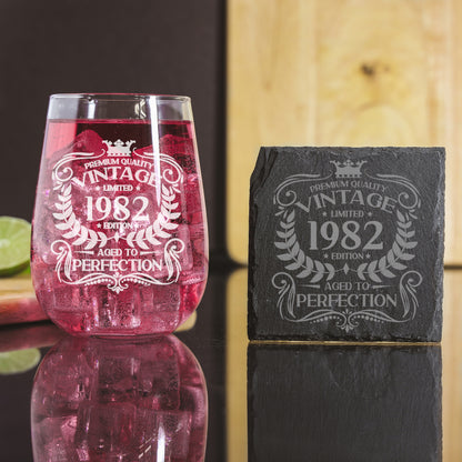 Vintage Any Year All Ages Engraved Birthday Gin Glass and/or Coaster Set- Always Looking Good -   - Glass & Square Coaster  