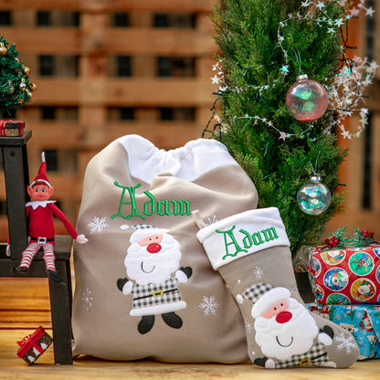 Personalised Embroidered Grey Christmas Large Santa Sack and Stocking Set  - Always Looking Good -   