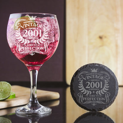 Milestone Birthday Gift - Vintage Engraved Personalised Gin Glass and/or Coaster Set   - Always Looking Good -   