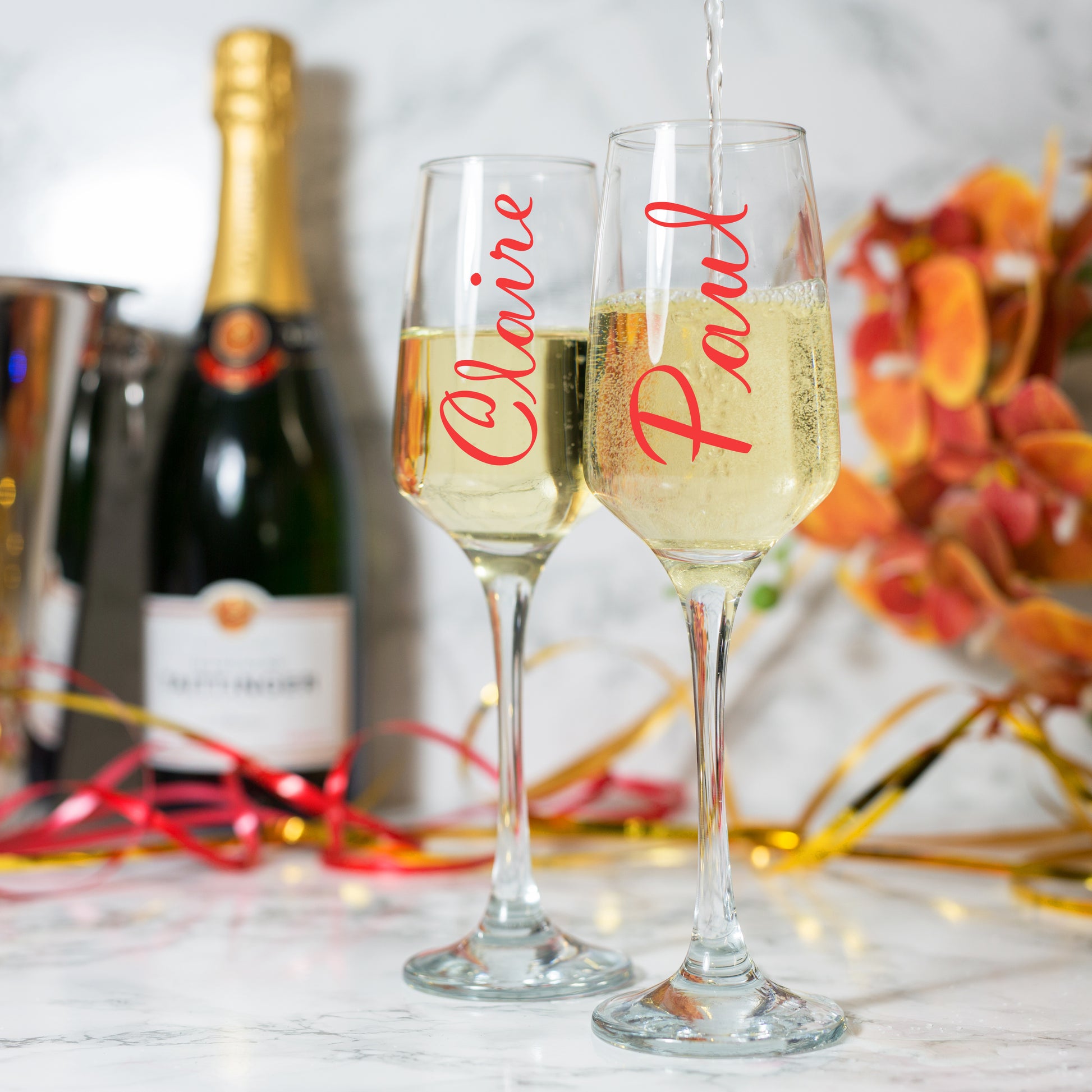 Personalised Heart Design Ice Bucket With Matching Champagne Glasses With Name and Date  - Always Looking Good -   