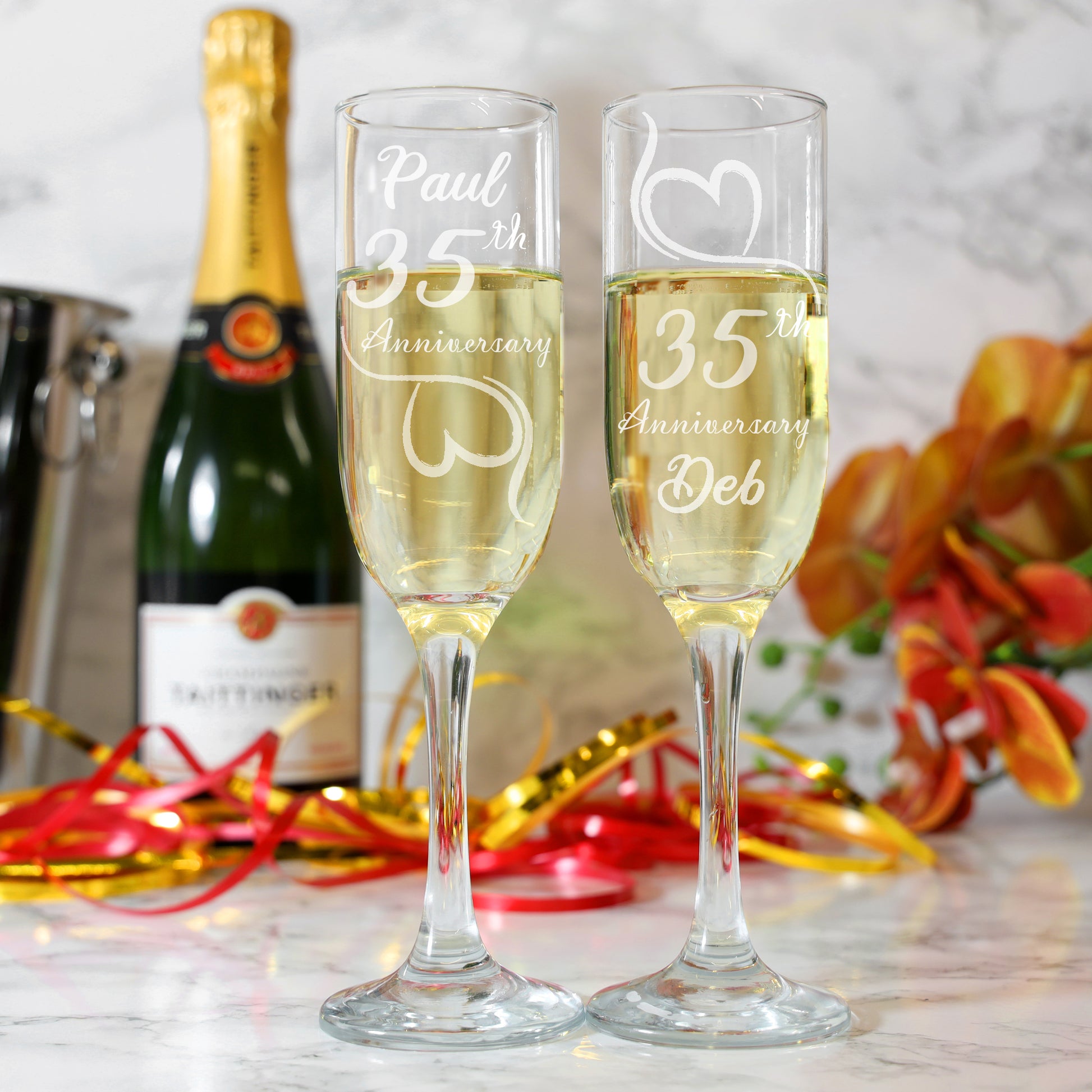 Engraved 35th Coral Wedding Anniversary Personalised Engraved Champagne Glass Gift Set  - Always Looking Good -   