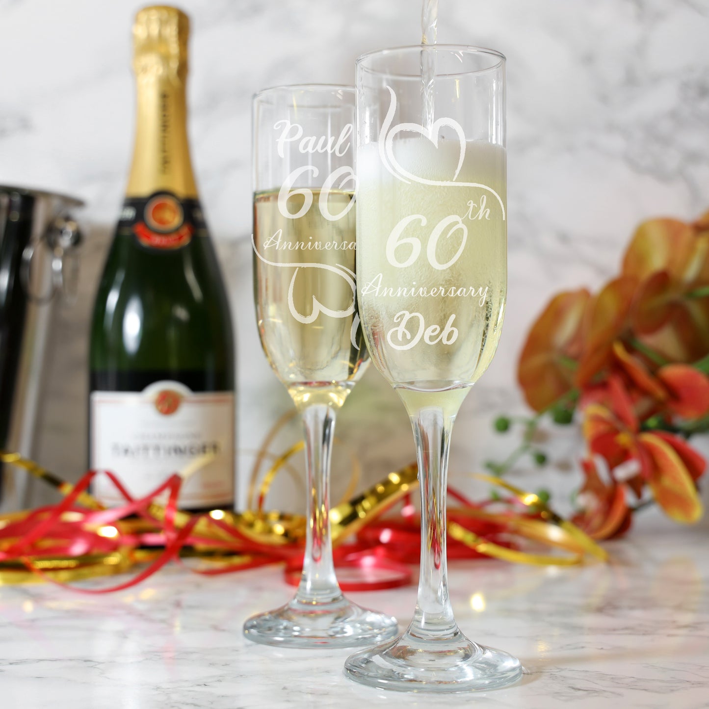 Engraved 60th Diamond Anniversary Personalised Engraved Champagne Glass Gift Set  - Always Looking Good -   