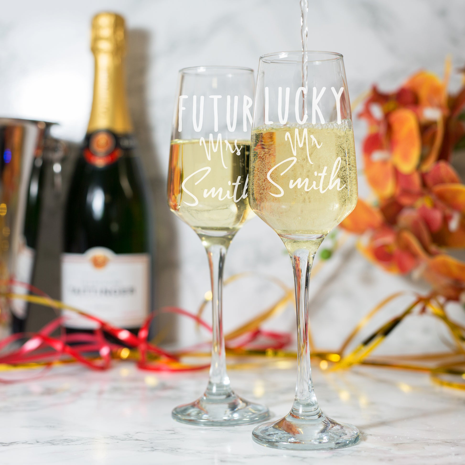 Personalised Engraved Future Mrs/Lucky Mr Champagne Glass Set  - Always Looking Good -   