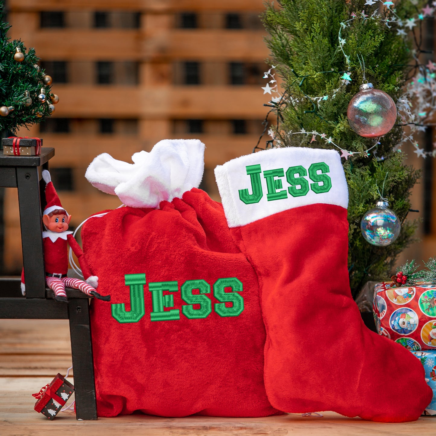 Personalised Christmas Plush Red Santa Sack and/or Stocking Embroidered Name Gift Set  - Always Looking Good - Jumbo Stocking and Sack  