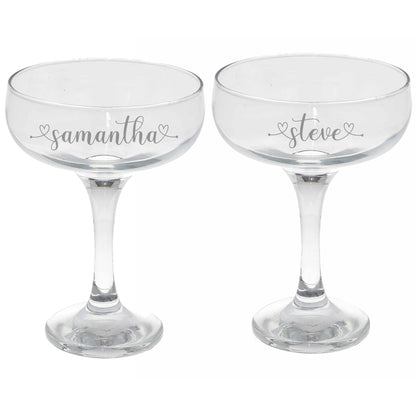 Personalised Engraved Heart and Name Champagne Saucer  - Always Looking Good - Two Glasses  