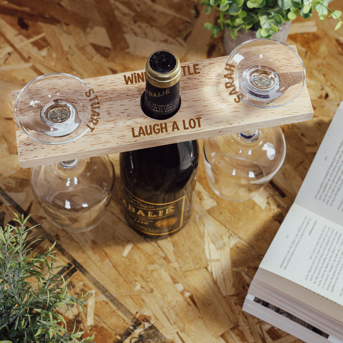 "Wine A Little, Laugh A Lot" Engraved Wine Holder Butler Caddy With 2 Glasses - Always Looking Good -   