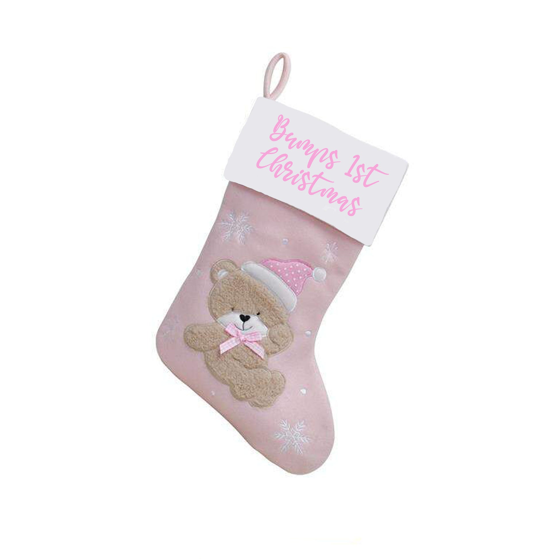 Personalised Baby's 1st Christmas Bear Stocking Sentimental Keepsake  - Always Looking Good - Baby Pink Bear with Bow 