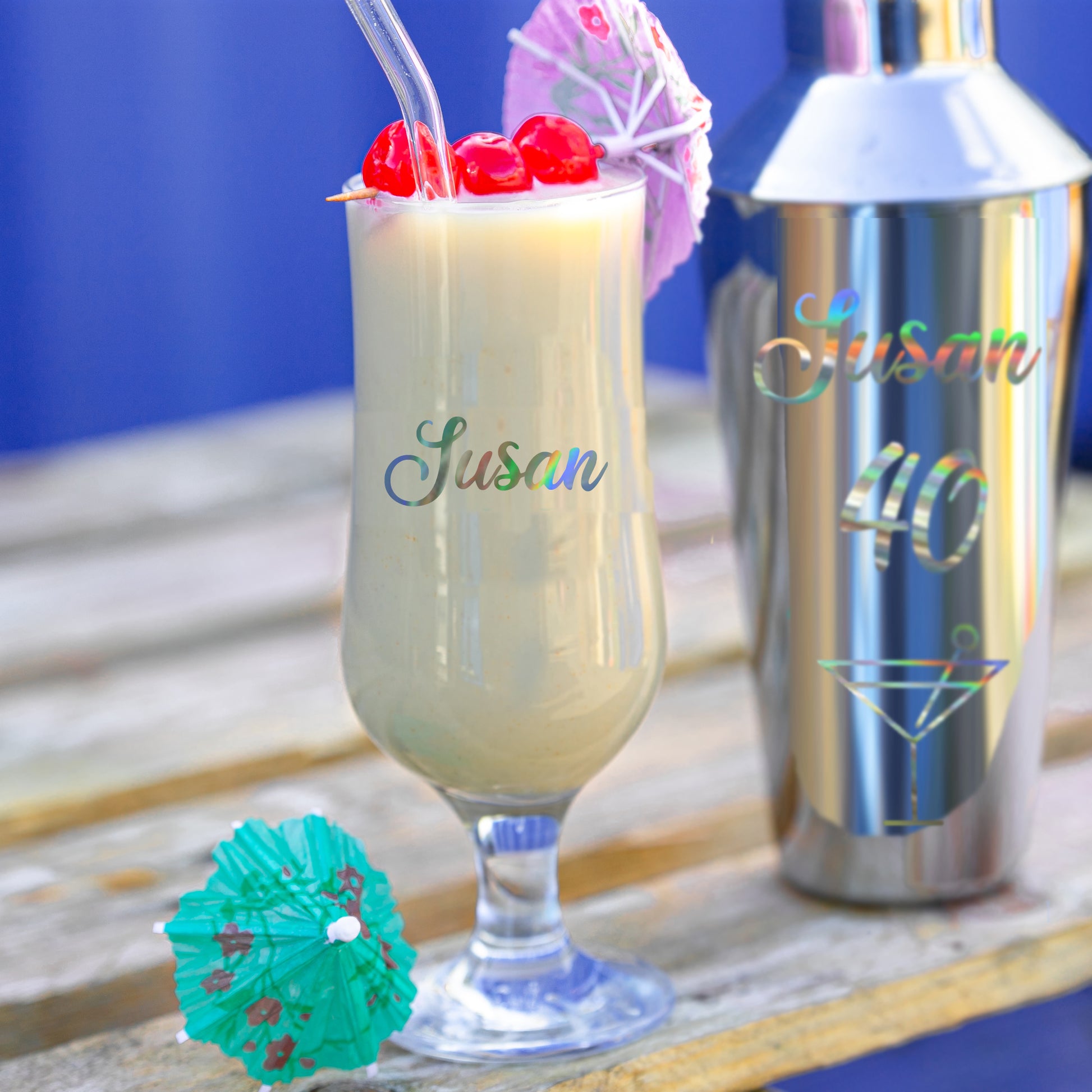 Personalised 40th Birthday Cocktail Shaker & Pina Colada Glass Gift Set  - Always Looking Good -   